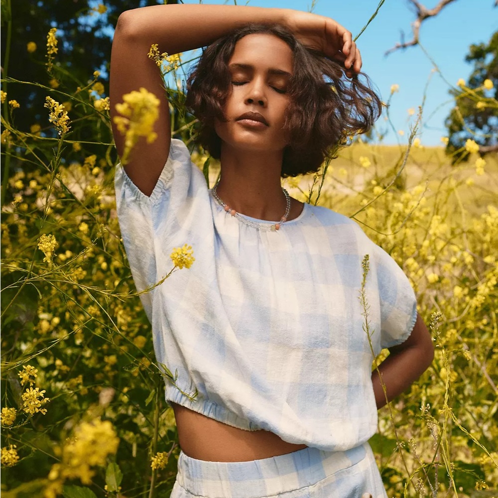 Madewell Linen-Blend Michele Bubble Top in Gingham Check sz M NF196